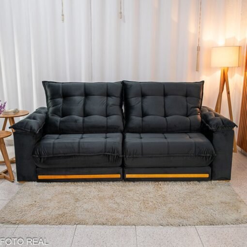 Sofá Retrátil Reclinável Barcelona 2.50m Veludo Preto 322 - D33 e Molas Ensacadas - Imagem 5