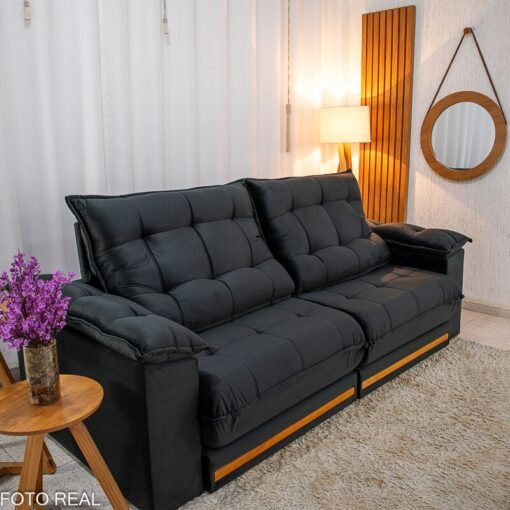 Sofá Retrátil Reclinável Barcelona 2.50m Veludo Preto 322 - D33 e Molas Ensacadas - Imagem 6