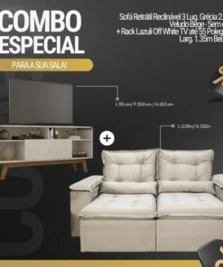 Sofá Retrátil Reclinável Grécia 2.00m Veludo Bege - Sem caixa + Rack Lazuli Off White TV até 55 Pol. Larg. 1.35m Bechara