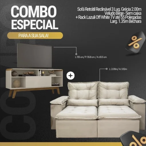 Sofá Retrátil Reclinável Grécia 2.00m Veludo Bege - Sem caixa + Rack Lazuli Off White TV até 55 Pol. Larg. 1.35m Bechara