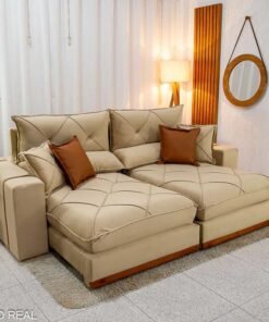 Sofá Retrátil Reclinável Gran Bello 2.30m Veludo Bege Escuro - Molas Ensacadas Pocket