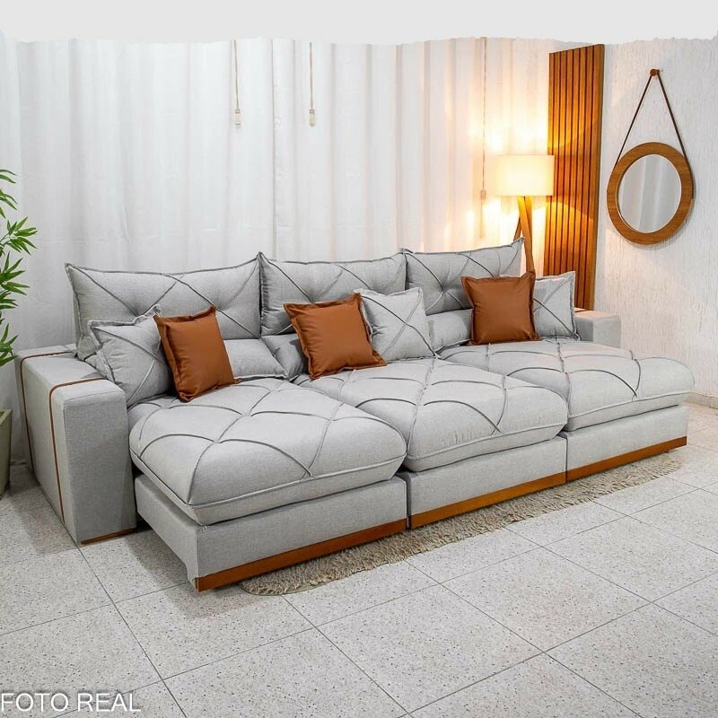 Sofá Retrátil Reclinável Gran Bello 3.20m Linho Cinza - Molas Ensacadas