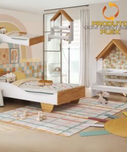 Kit Casinha + Cama Solteiro Sol Branco Brilho/Amêndoa – PEROBA MÓVEIS