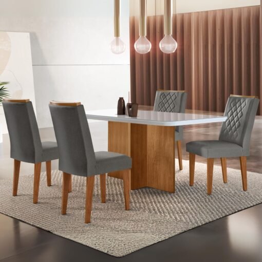 Mesa Berlim 120 Canto Copo Imbuia/Off White com 4 Cadeiras Jade Linho Grafite – RUFATO