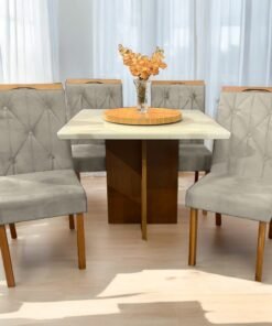 Mesa Salinas 90 Cinamomo/Off White com 4 Cadeiras Yasmim Veludo Bege – AVALON DECOR + KM DECOR