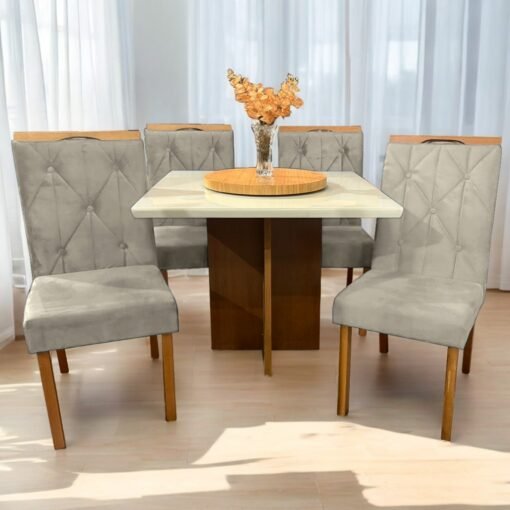 Mesa Salinas 90 Cinamomo/Off White com 4 Cadeiras Yasmim Veludo Bege – AVALON DECOR + KM DECOR