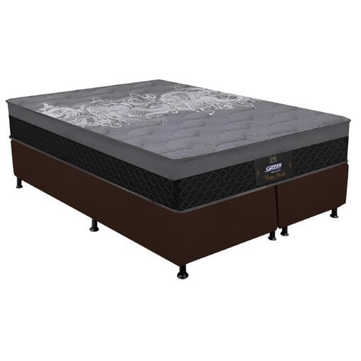 Colchão Queen New York + Base Box Simples Corino Marrom – GAZIN + ALTO NÍVEL