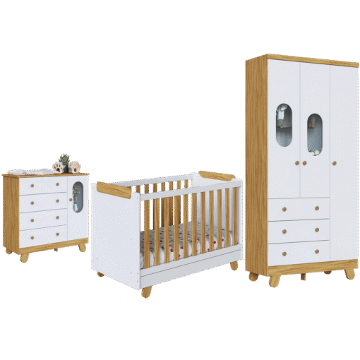Guarda-Roupa 3 Portas + Cômoda + Berço Pingo Amêndoa/Branco Brilho - PEROBA MÓVEIS - Imagem 2