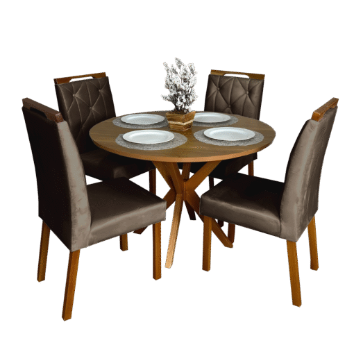 Mesa Redonda Simpatia 108 Cinamono com 4 Cadeiras Yasmim Veludo Marrom – JCM MOVELARIA + KM DECOR - Imagem 2