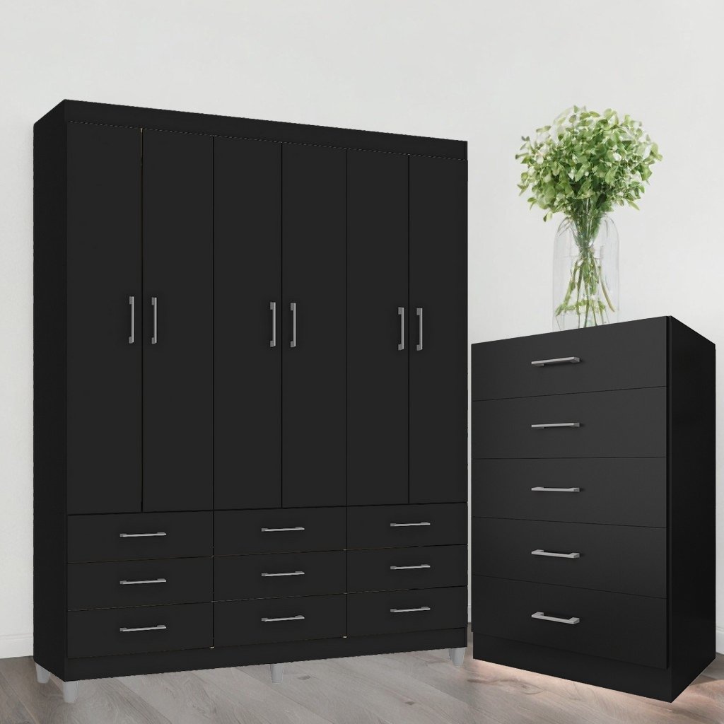 Guarda-Roupa 6 Portas Paraty 3690 + Cômoda 5 Gavetas Aruba Preto - FELLICCI