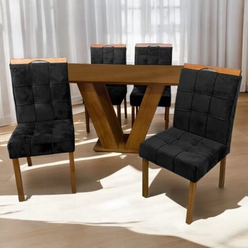 Mesa Classic 120 Cinamomo Laminado com 4 Cadeiras Sophia Mel/Veludo Preto – CEL MÓVEIS + WM DECOR