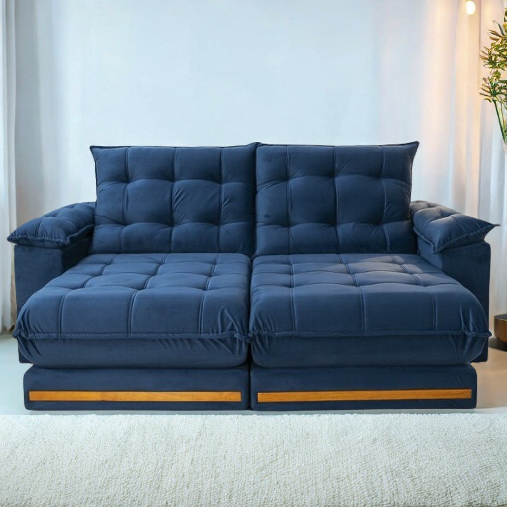 Sofá Retrátil e Reclinável Barcelona 2,50 m Veludo Azul 325 - ESTOFADOS TEIXEIRA
