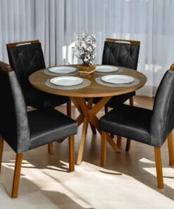 Mesa Redonda Simpatia 108 Cinamono Com 4 Cadeiras Yasmim Veludo Preto – Jcm Movelaria + Km Decor