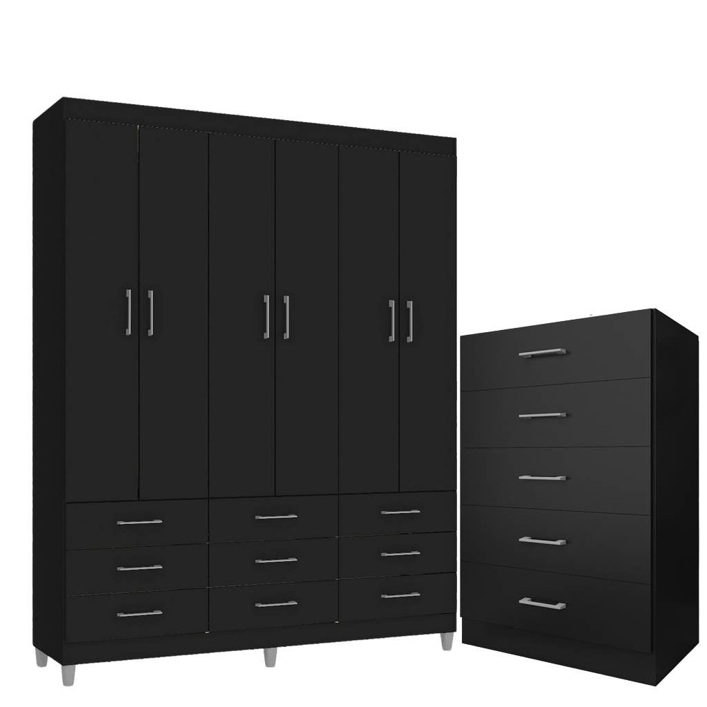 Guarda-Roupa 6 Portas Paraty 3690 + Cômoda 5 Gavetas Aruba Preto - FELLICCI - Imagem 2