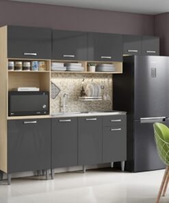 Cozinha Aurora + Balcão para Pia Atenas 249,7 m Avena/Grafite – ARAMÓVEIS