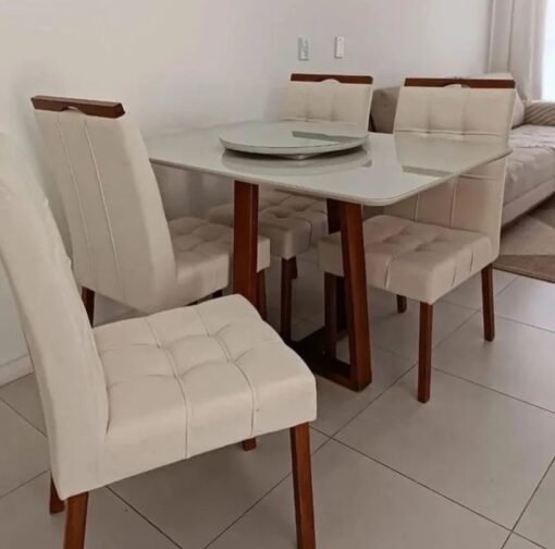 Mesa Pedro 90 Mel/Off White com Cadeiras Sophia/Capri Mel/Veludo Bege – ART ASSENTOS + WM DECOR - Imagem 2