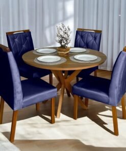 Mesa Redonda Simpatia 108 Cinamono com 4 Cadeiras Yasmim Veludo Azul – JCM MOVELARIA + KM DECOR