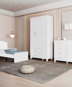 Guarda-Roupa 3 Portas Lívia + Cômoda Lívia + Mini Cama Juvenil Lívia Branco(Sem adesivo) – MADEC/VJ MÓVEIS