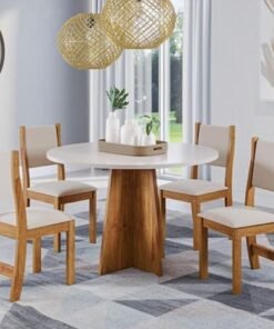 Mesa Redonda Flipp/slin Mel/blonde Com 4 Cadeiras Sol Linho Bronze – Viero MÓveis