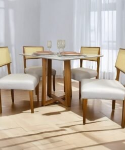 Mesa Bali 120 Cinamono/Off White com 4 Cadeiras Grécia Linho Bege – MINASPLAC + HR MOVELARIA