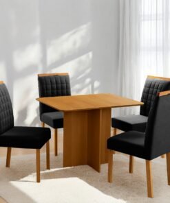Mesa Pérola 90 Imbuia Mel (Tampo Viena s/vidro) + 4 Cadeiras Pandora 01 Veludo Preto 38 – CARVALHO DECOR