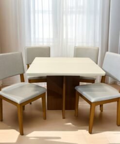 Mesa Salinas 120 Cinamomo/Off White com 4 Cadeiras Pérola Linho Bege– AVALON DECOR + DOBUÊ MOVELARIA