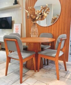 Mesa Redonda Malva 110 Mel com 4 Cadeiras Gaya Mel/Linho Cinza 03 – J SILVA MÓVEIS