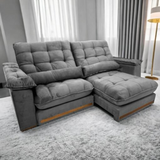 Sofá Retrátil e Reclinável Hércules/Zurique 2,50 m Veludo Cinza – VICAM ESTOFADOS