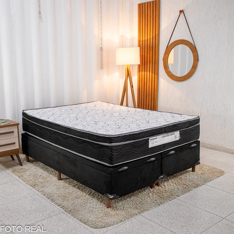 Box Baú Casal Bipartido Carioca Sued Preto Blindado Bioflex + Colchão Casal Ortopédico EPS Airtech 150 Ortopillow 138x188x28 - Ortobom | Suporta até 240kg
