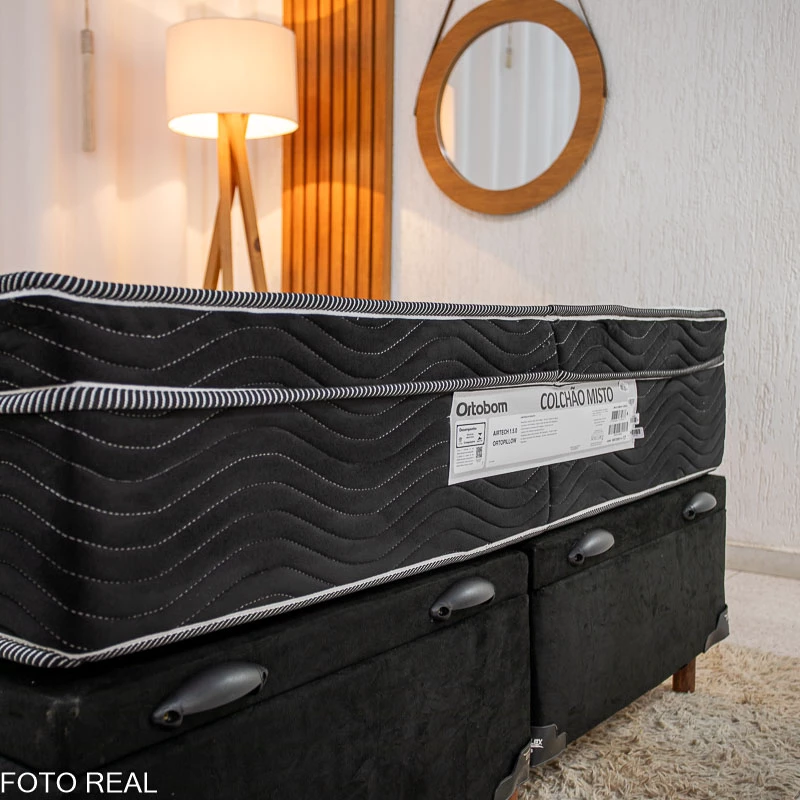 Box Baú Casal Bipartido Carioca Sued Preto Blindado Bioflex + Colchão Casal Ortopédico EPS Airtech 150 Ortopillow 138x188x28 - Ortobom | Suporta até 240kg - Imagem 5