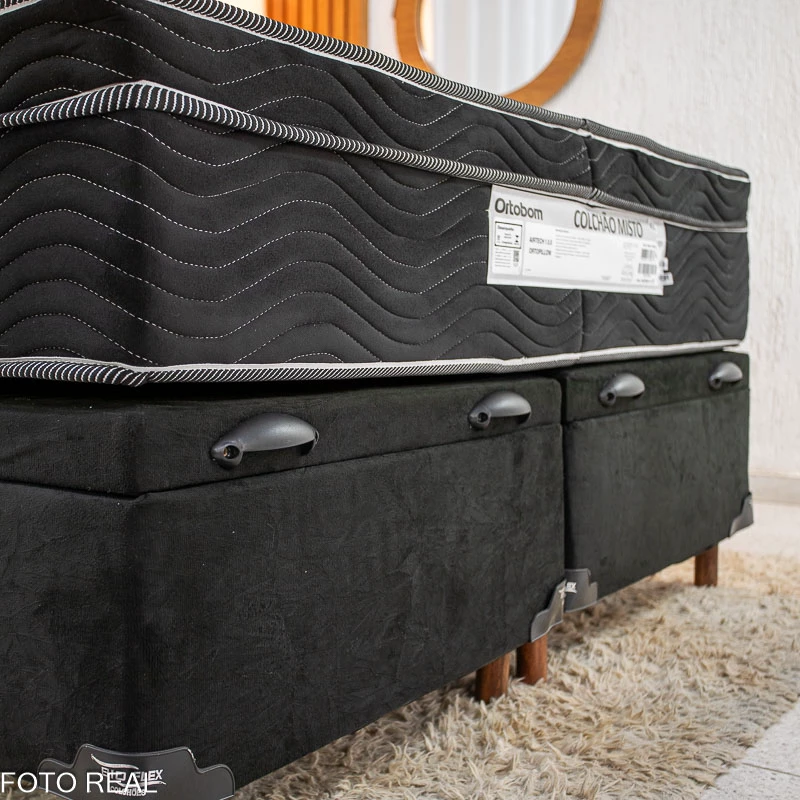 Box Baú Casal Bipartido Carioca Sued Preto Blindado Bioflex + Colchão Casal Ortopédico EPS Airtech 150 Ortopillow 138x188x28 - Ortobom | Suporta até 240kg - Imagem 4
