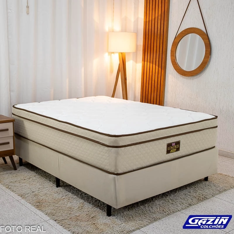 Box Casal Universal Liso Bege + Colchão Casal Londres 138x188x72 Molas BlueWave - Gazin | Suporta até 240kg - Imagem 5