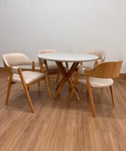 Conjunto Mesa Redonda Simpatia vidro 108 Cinamono + 4 Cadeiras Pérola Maciça