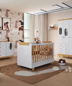 Guarda-Roupa 3 Portas + Cômoda + Berço Pingo Amêndoa/Branco Brilho - PEROBA MÓVEIS