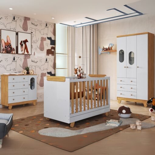 Guarda-Roupa 3 Portas + Cômoda + Berço Pingo Amêndoa/Branco Brilho - PEROBA MÓVEIS