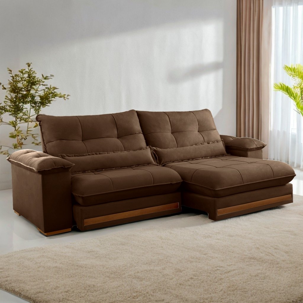 Sofá Retrátil e Reclinável Qatar 2,50 m Veludo Marrom B017 - TREVO ESTOFADOS