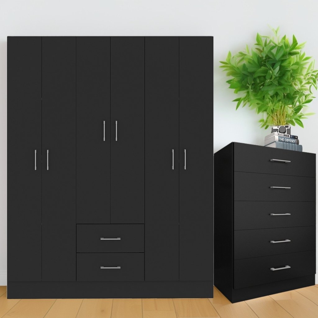 Guarda-Roupa 6 Portas Jamaica 6002 + Cômoda 5 Gavetas Aruba Preto – FELLICCI