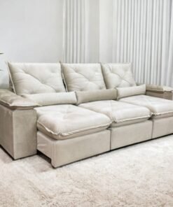 Sofá Retrátil e Reclinável Brasão 2,70 m Veludo Bege - MD ESTOFADOS