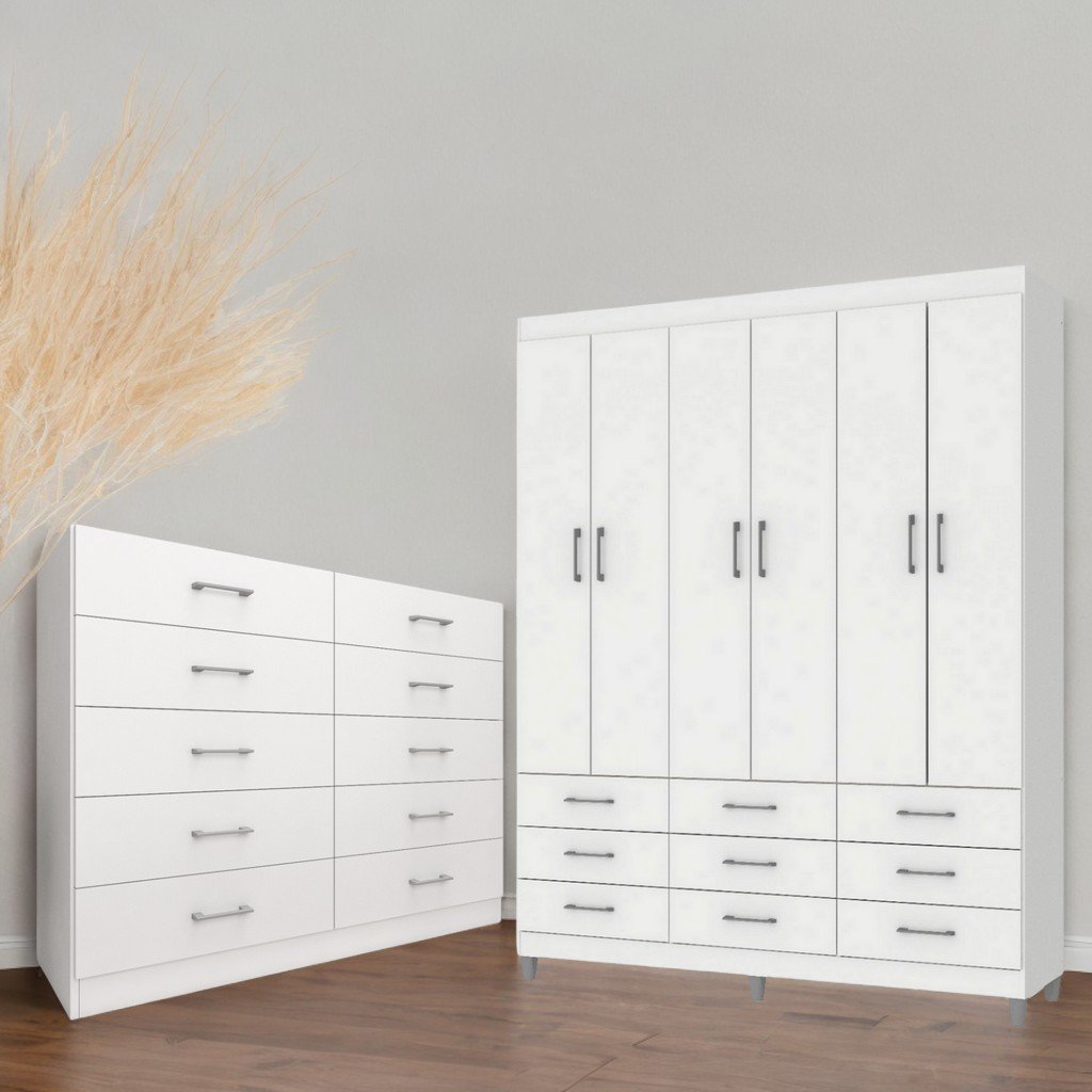 Guarda-Roupa 6 Portas Paraty 3690 + Cômoda 10 Gavetas Caribe Branco - FELLICCI