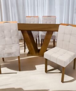 Mesa Classic 120 Cinamomo Laminado com 4 Cadeiras Sophia Mel/Veludo Bege – CEL MÓVEIS + WM DECOR
