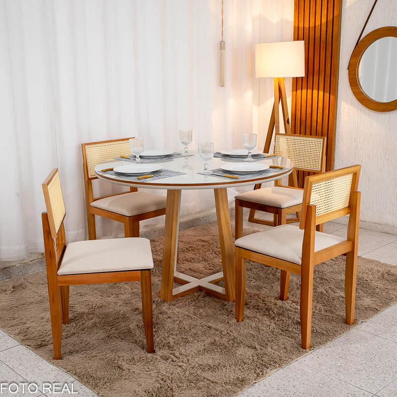Mesa de Jantar Atlanta Cinamomo/Off Tampo Redondo Vidro Off 120x120 4 Santorini Linho Bege Madeira Maciça - Minas Plac - Imagem 2