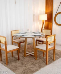 Mesa de Jantar Atlanta Cinamomo/Off Tampo Redondo Vidro Off 120x120 4 Santorini Linho Bege Madeira Maciça - Minas Plac