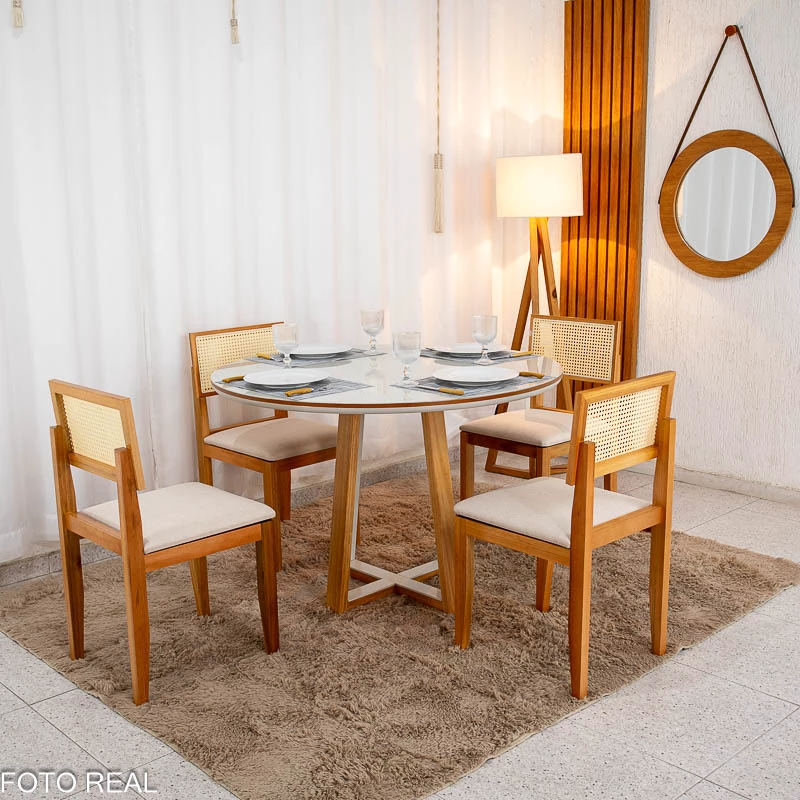 Mesa de Jantar Atlanta Cinamomo/Off Tampo Redondo Vidro Off 120x120 4 Santorini Linho Bege Madeira Maciça - Minas Plac - Imagem 3