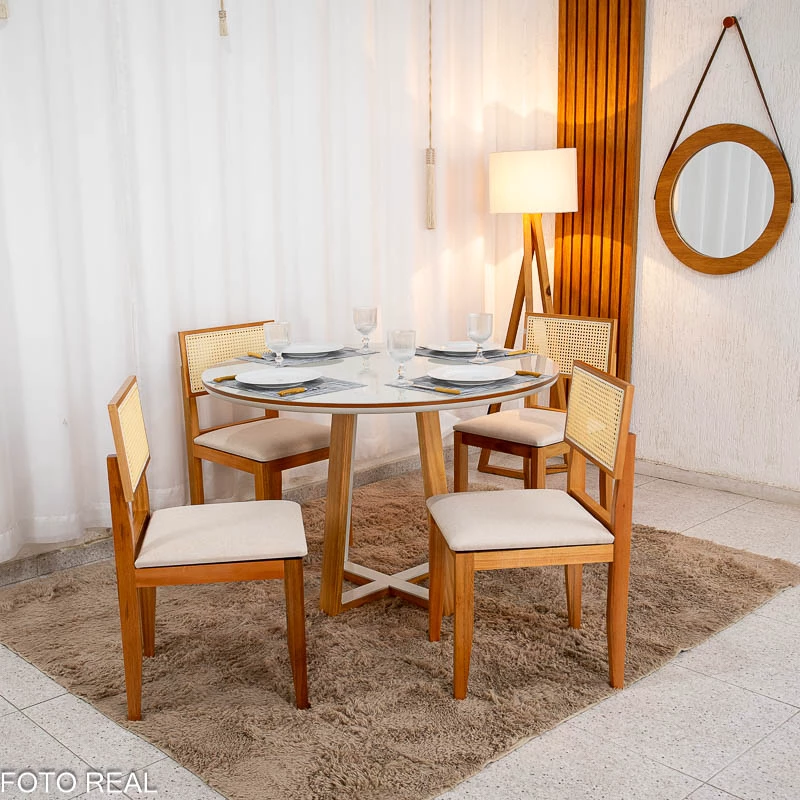 Mesa de Jantar Atlanta Cinamomo/Off Tampo Redondo Vidro Off 120x120 4 Santorini Linho Bege Madeira Maciça - Minas Plac - Imagem 4