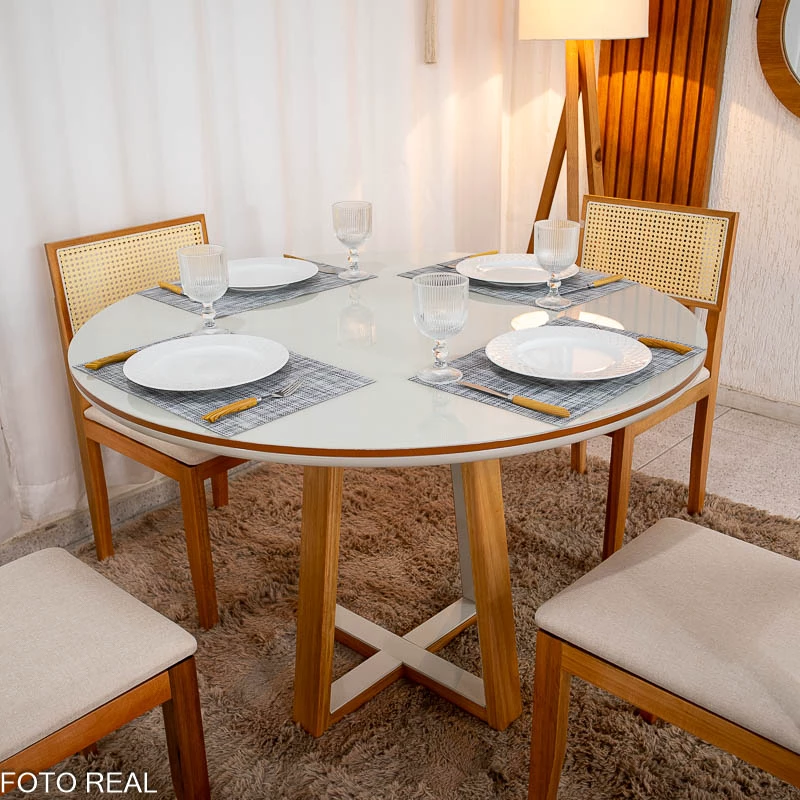 Mesa de Jantar Atlanta Cinamomo/Off Tampo Redondo Vidro Off 120x120 4 Santorini Linho Bege Madeira Maciça - Minas Plac - Imagem 5
