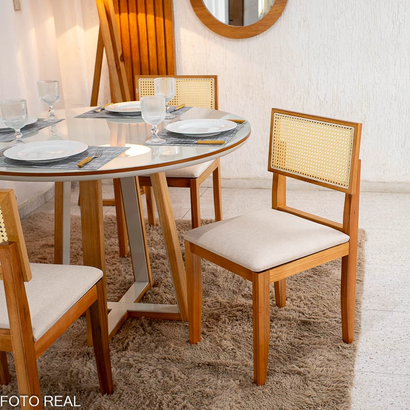 Mesa de Jantar Atlanta Cinamomo/Off Tampo Redondo Vidro Off 120x120 4 Santorini Linho Bege Madeira Maciça - Minas Plac - Imagem 6