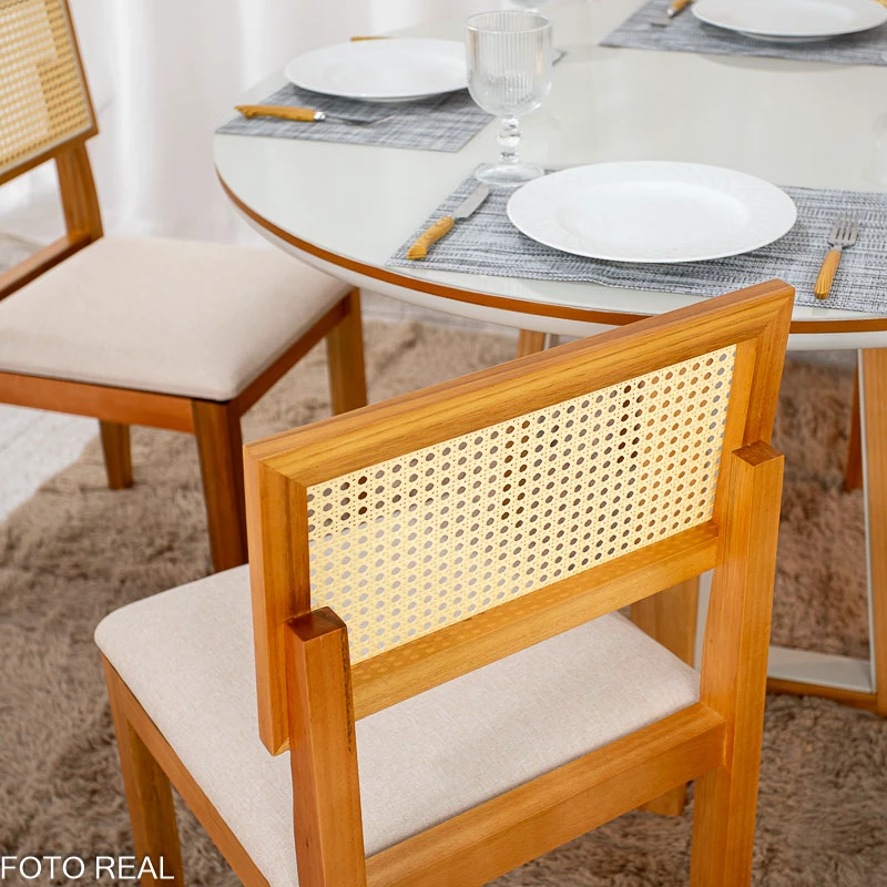 Mesa de Jantar Atlanta Cinamomo/Off Tampo Redondo Vidro Off 120x120 4 Santorini Linho Bege Madeira Maciça - Minas Plac - Imagem 8