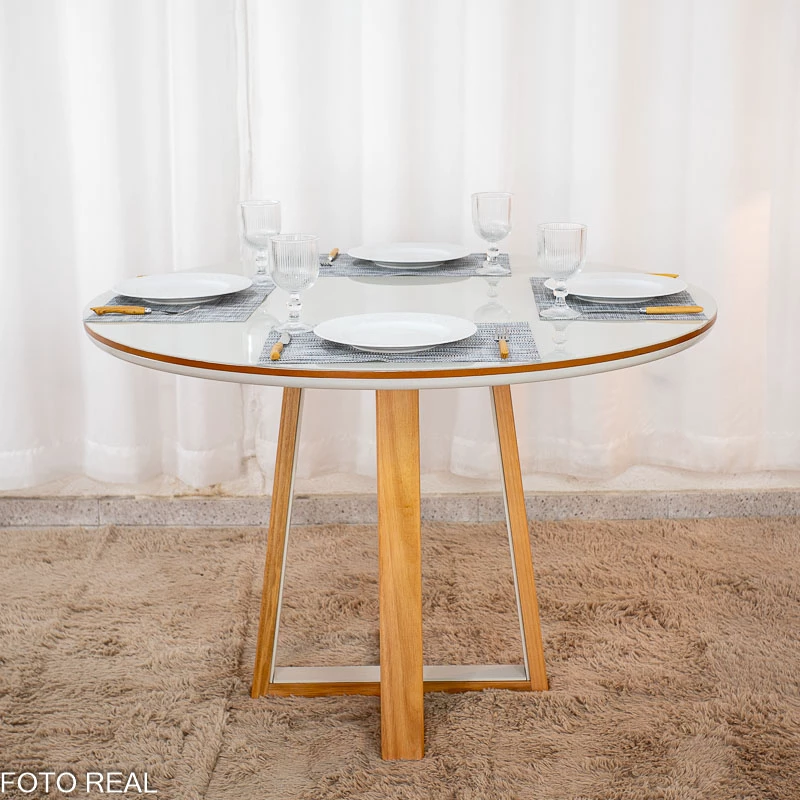 Mesa de Jantar Atlanta Cinamomo/Off Tampo Redondo Vidro Off 120x120 4 Santorini Linho Bege Madeira Maciça - Minas Plac - Imagem 9