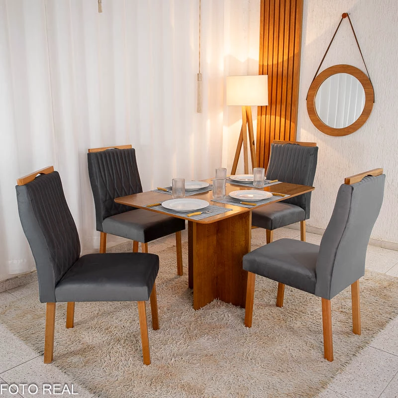 Mesa de Jantar Salina Tampo Londres Cinamomo 120x80 4 Cadeiras Genova Veludo Cinza 507 Madeira Maciça Art Assento - Imagem 6
