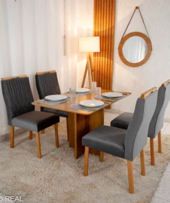Mesa de Jantar Salina Tampo Londres Cinamomo 120x80 4 Cadeiras Genova Veludo Cinza 507 Madeira Maciça Art Assento